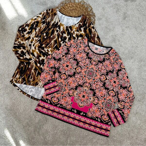 Susan Graver Bundle (2) Long Sleeve Printed Blouse Top Tunic Jersey Boho Size L